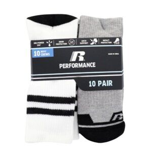 Russell Boys Performance Fast Dry Comfort Crew Socks 10 Pack Shoe Large Size 3-9